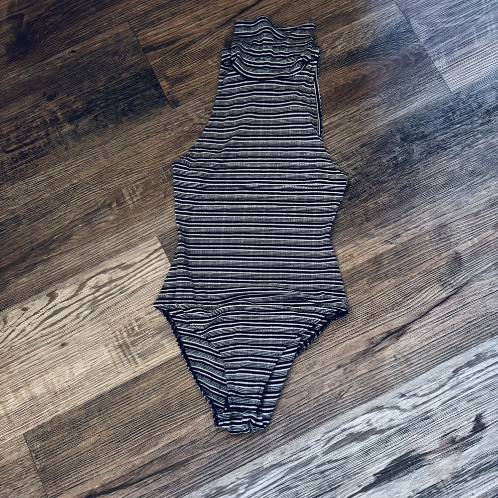 Free People Black & White Striped High-Neck Open-Back Bodysuit Size XS